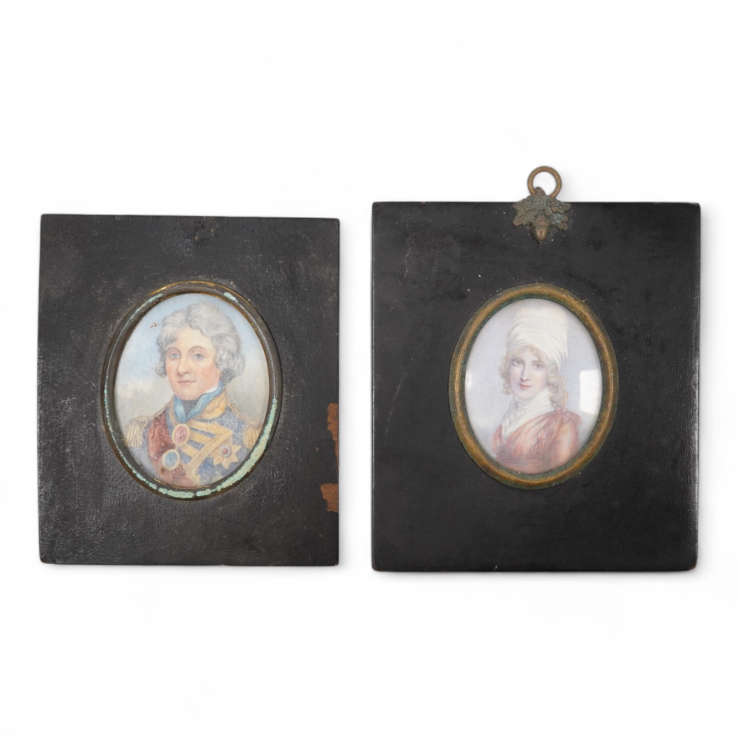 Two 19th century portrait miniatures comprising: Horatio Nelson and one of a lady possibly his wife, watercolours on ivory, each framed, one with red wax collectors seal verso, 7 x 5.5cm - CITES Submission reference BH4L